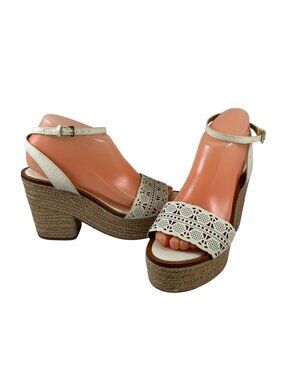 Tory Burch Size 8 Shoes Platform Espadrilles Sandals Cream Leather Jute Heels